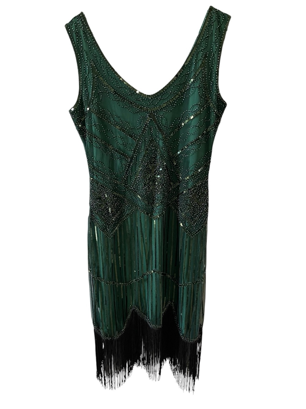 Fundaisy Emerald and Ebony Beaded Midi Dress large